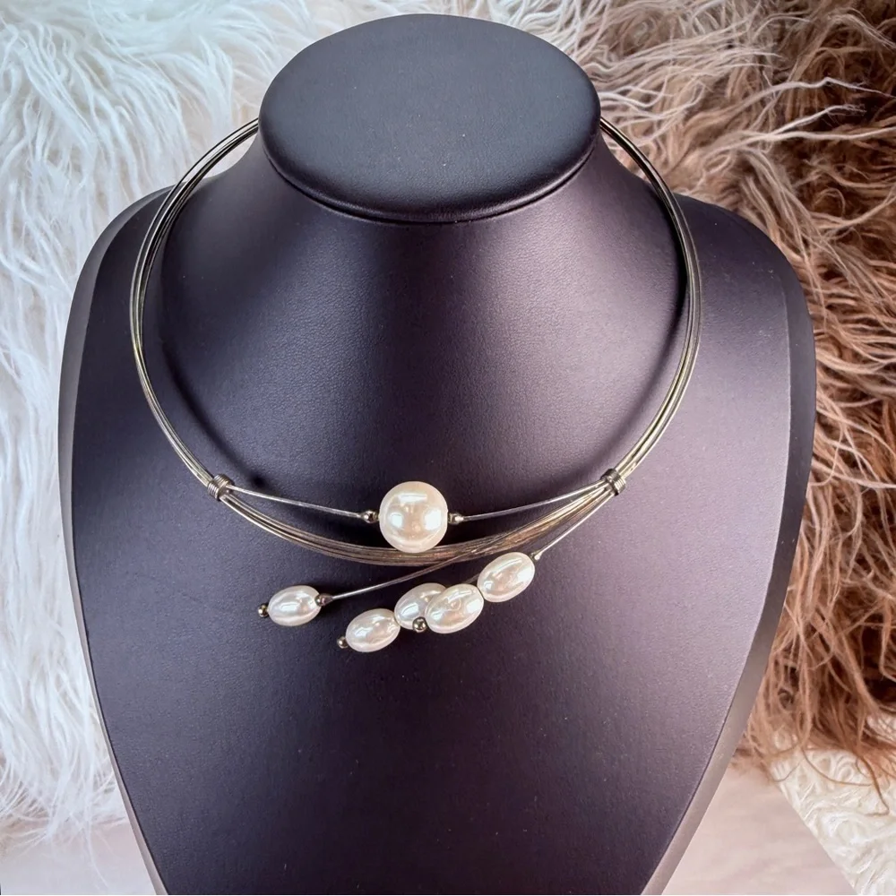 Vintage Faux Pearl Silver Tone Wire Collar Statement Necklace